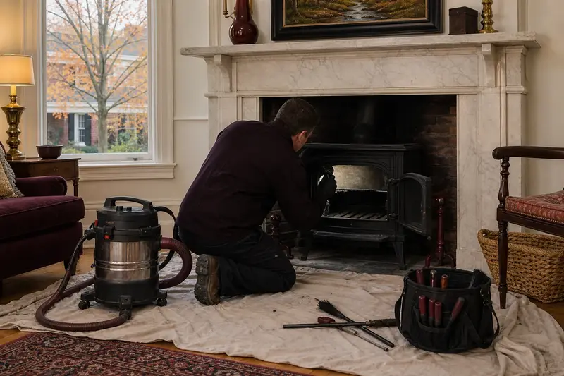 A technician checking the smoke chamber of a cast-iron wood stove on a stone hearth pad by flashlight, the fireplace cold; illustrative image