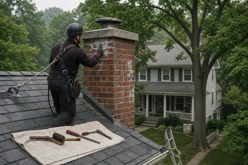 A harnessed technician examining the brick of a red brick chimney with a concrete crown on a slate roof in cold weather; illustrative image