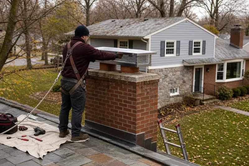 A harnessed technician setting a stainless steel mesh chimney cap onto a two-flue brick chimney on a steep gable roof; illustrative image