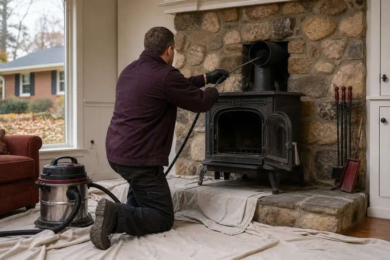A technician feeding a rotary chimney brush up the flue of a cast-iron wood stove on a stone hearth pad, drop cloths and a sealed vacuum on the hearth; illustrative image