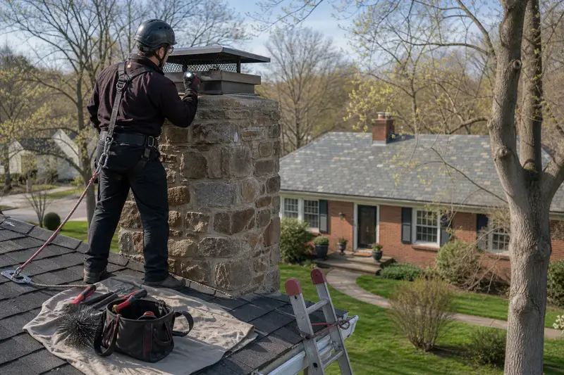 A harnessed technician examining the top of a fieldstone chimney with a metal cap with a flashlight from a dry roof surface; illustrative image