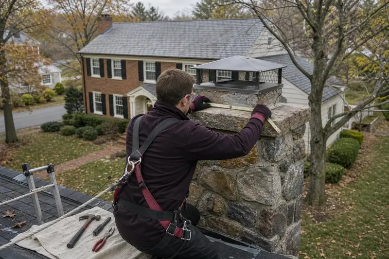 A harnessed mason measuring the crown of a fieldstone chimney with a metal cap with a folding rule; illustrative image