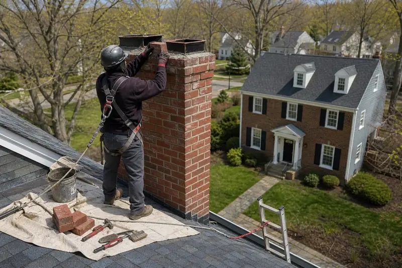 A harnessed mason setting a replacement brick near the top of a two-flue brick chimney on a steep gable roof; illustrative image