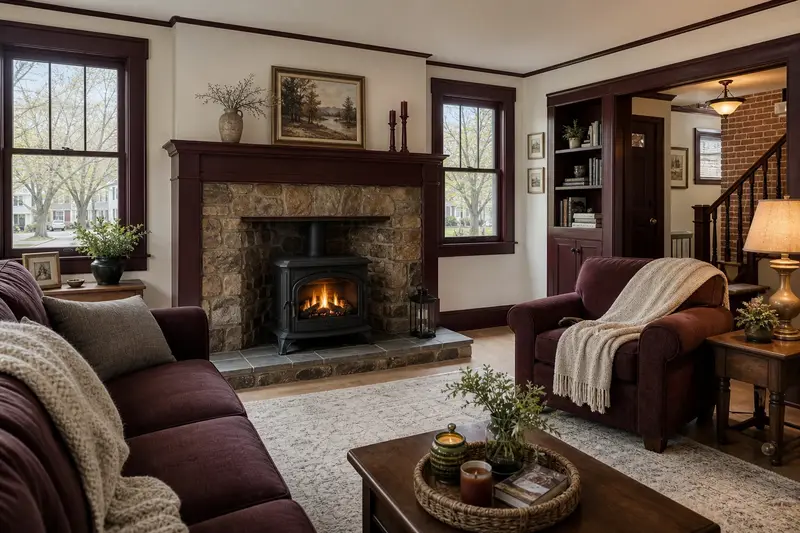 A warm living room with a freestanding gas stove glowing softly behind its glass, no one present; illustrative image