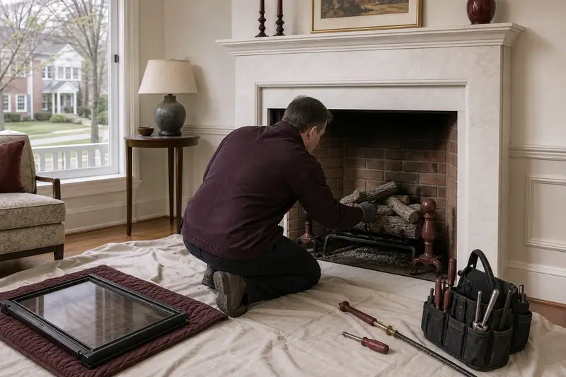 A technician checking the burner and log placement of a vented gas log set in a masonry firebox with the gas off and the glass set aside; illustrative image