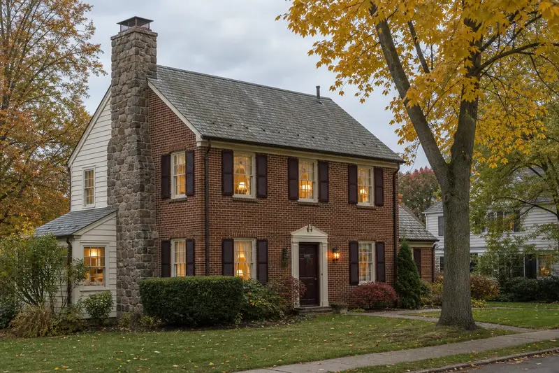 A 1980s brick-front colonial-style suburban house with a fieldstone chimney with a metal cap and warm lamp-lit windows; illustrative image