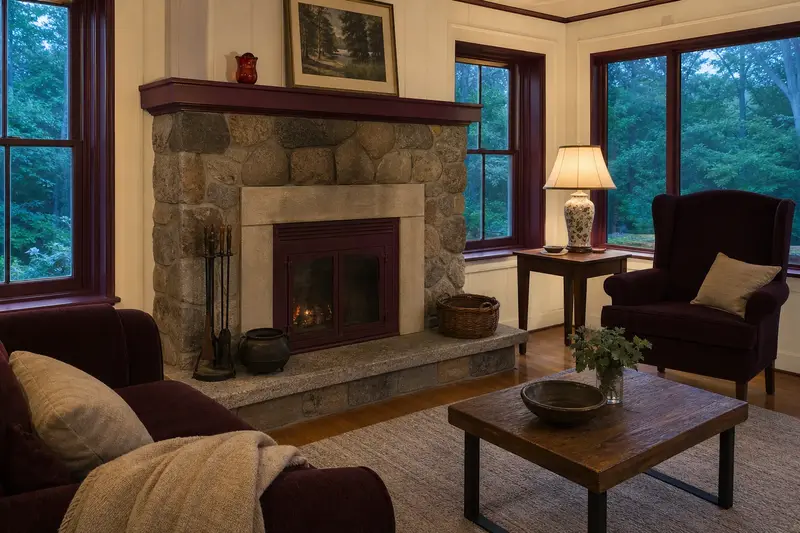 A bright hearth room with a factory-built wood-burning fireplace with a stone facing and a clean stone surround; illustrative image