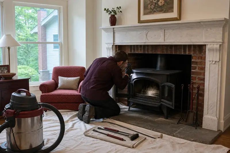A technician checking the smoke chamber of a cast-iron wood stove on a stone hearth pad by flashlight, the fireplace cold; illustrative image