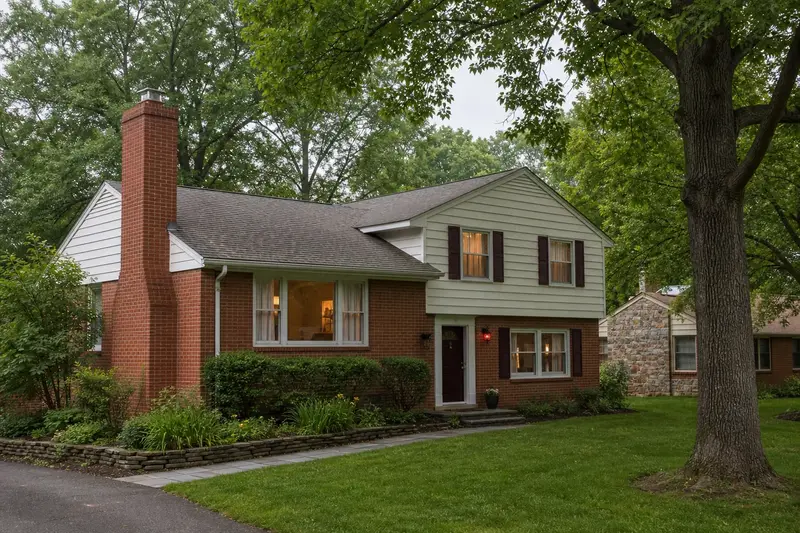 A 1980s split-level house with brick and siding with a brick chimney with a stainless steel cap of clean red brick; illustrative image