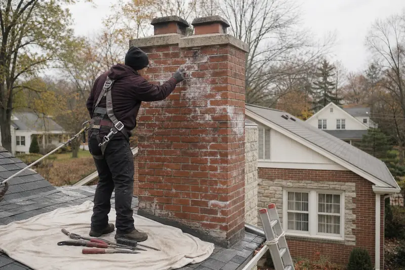A harnessed technician examining the brick of a two-flue brick chimney on a steep gable roof in cold weather; illustrative image