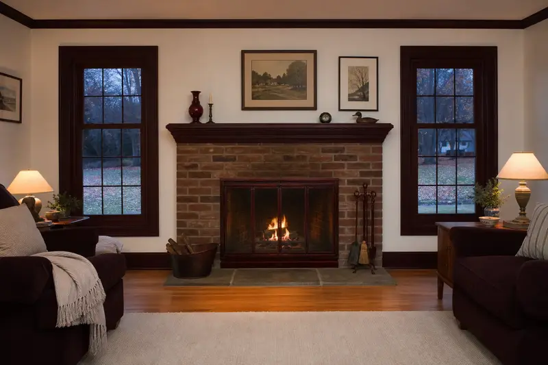 A clean hearth room with an open masonry wood-burning fireplace and fireplace tools on a stand; illustrative image