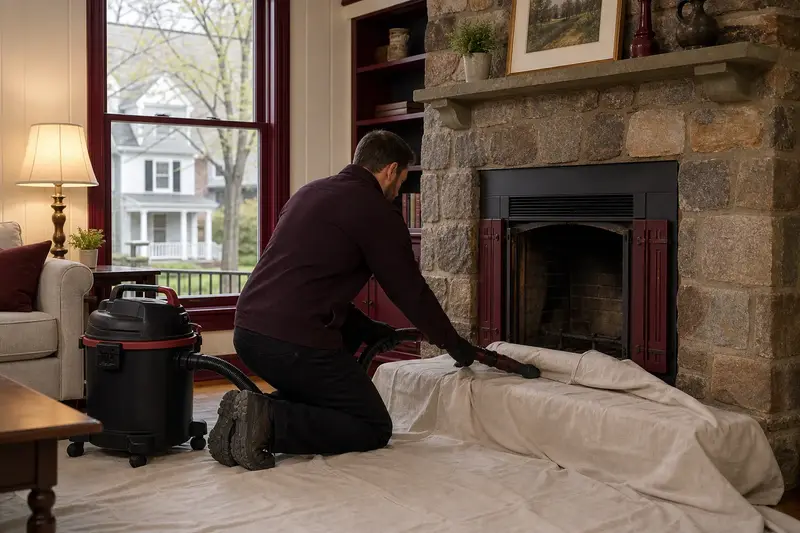 A technician setting drop cloths and a sealed vacuum in front of a factory-built wood-burning fireplace with a stone facing before a cleaning; illustrative image