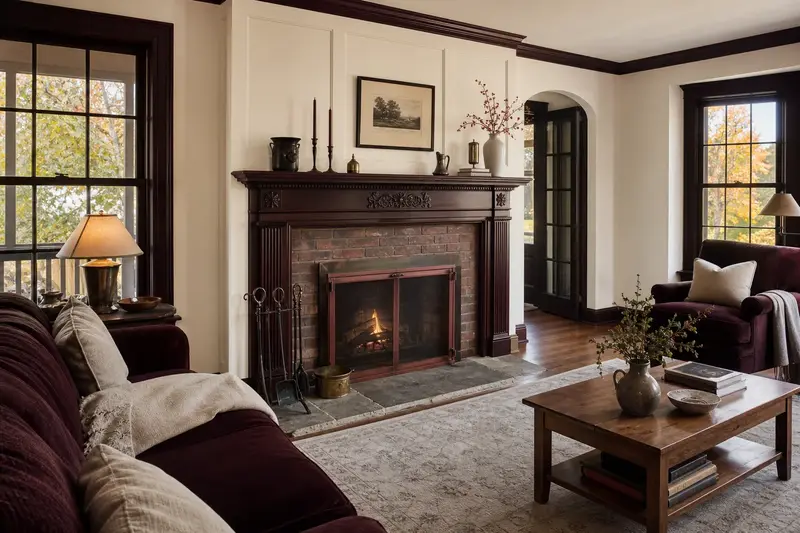 A period hearth room with an open masonry wood-burning fireplace and an original carved wood mantel; illustrative image