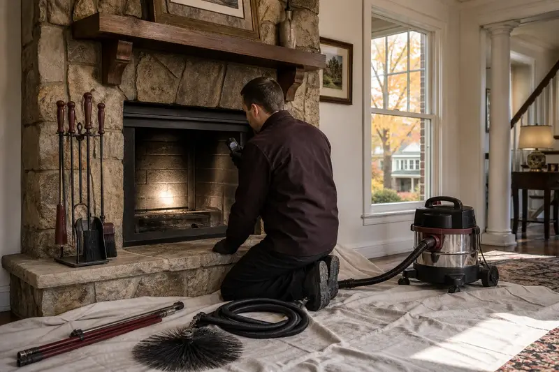 A technician holding an inspection light at a factory-built wood-burning fireplace with a stone facing, a brush kit waiting on the drop cloth; illustrative image