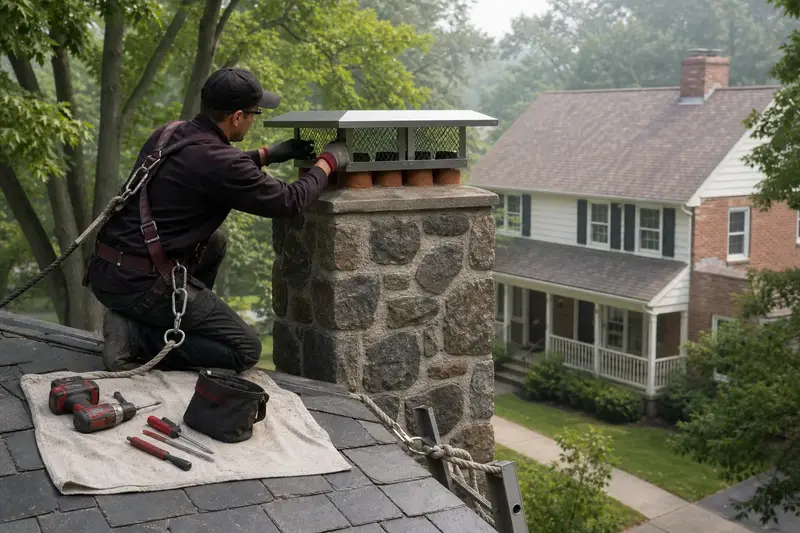 A harnessed technician fastening a multi-flue cap over the crown of a fieldstone chimney with a metal cap; illustrative image