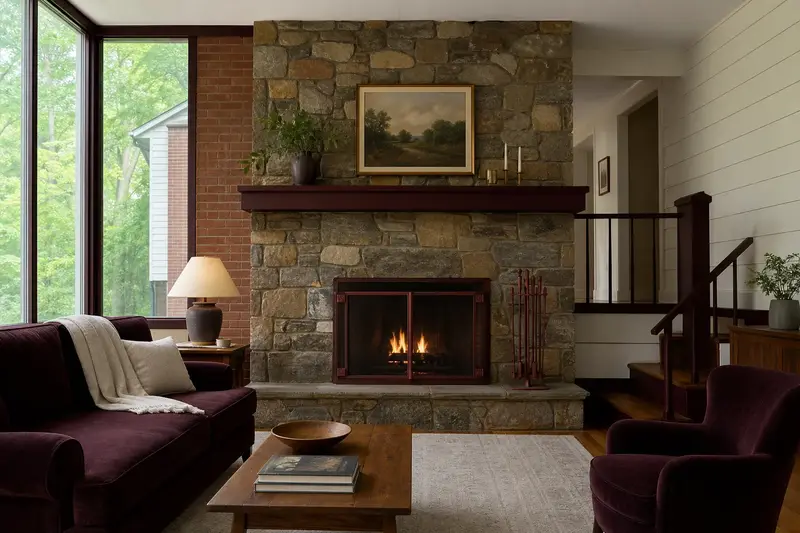 A living room with an open masonry wood-burning fireplace and a small fire behind a screen, no one present; illustrative image
