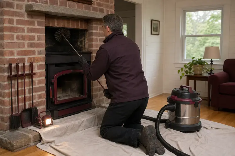 A technician feeding a rotary chimney brush up the flue of a wood-burning insert in a brick opening, drop cloths and a sealed vacuum on the hearth; illustrative image