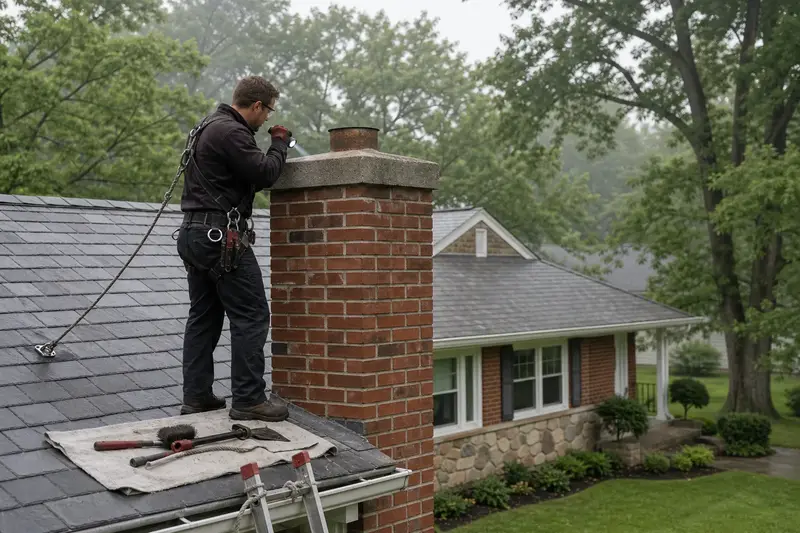 A harnessed technician examining the top of a red brick chimney with a concrete crown on a slate roof with a flashlight from a dry roof surface; illustrative image