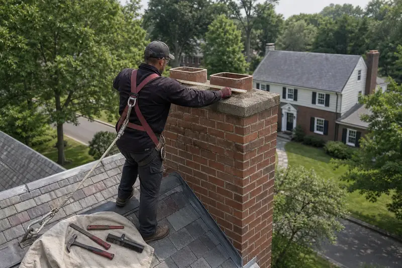 A harnessed mason measuring the crown of a two-flue brick chimney on a steep gable roof with a folding rule; illustrative image
