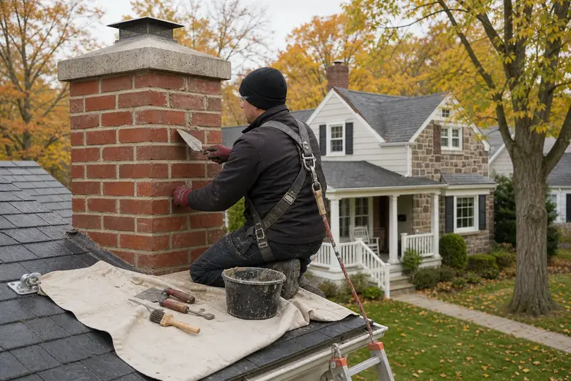 A harnessed mason repointing mortar joints on a red brick chimney with a concrete crown on a slate roof with a pointing trowel; illustrative image