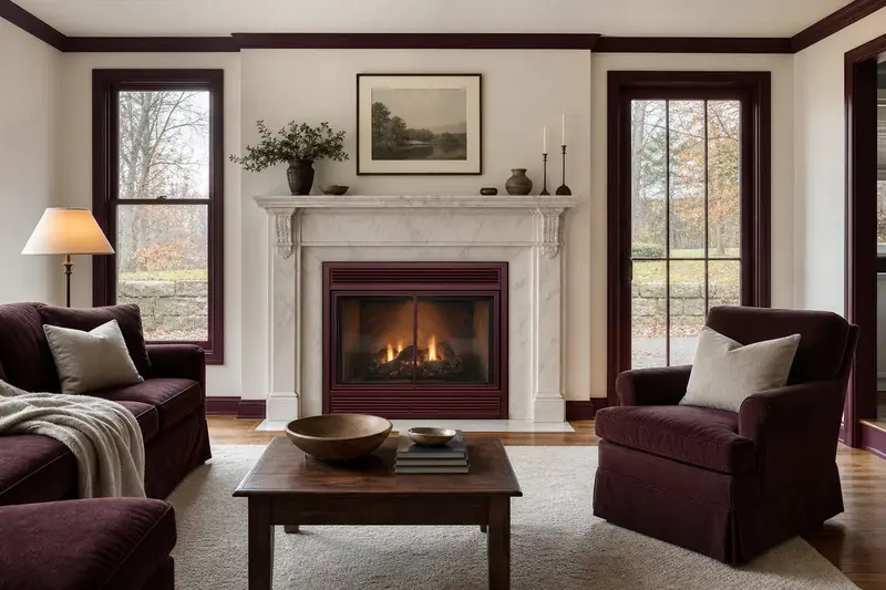 A warm living room with a vented gas log set in a masonry firebox glowing softly behind its glass, no one present; illustrative image