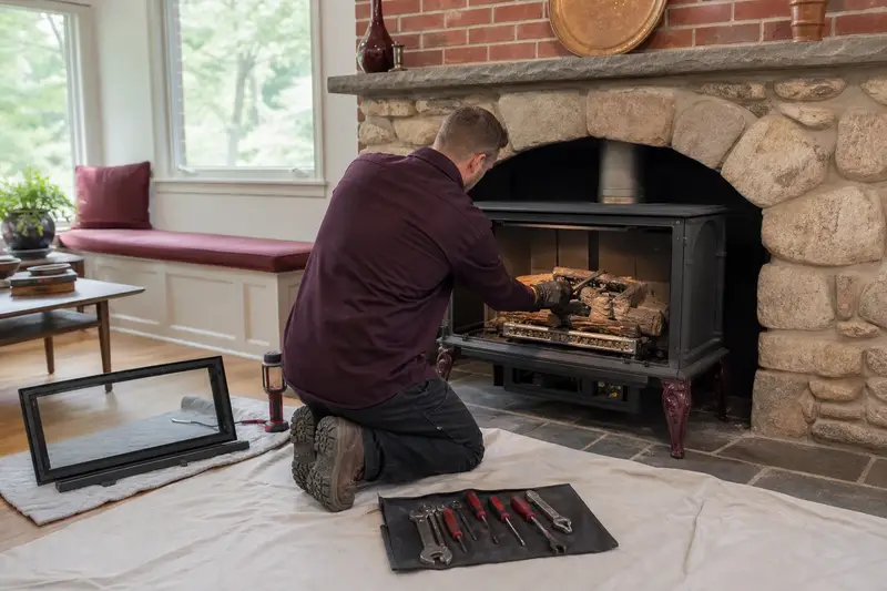 A technician checking the burner and log placement of a freestanding gas stove with the gas off and the glass set aside; illustrative image