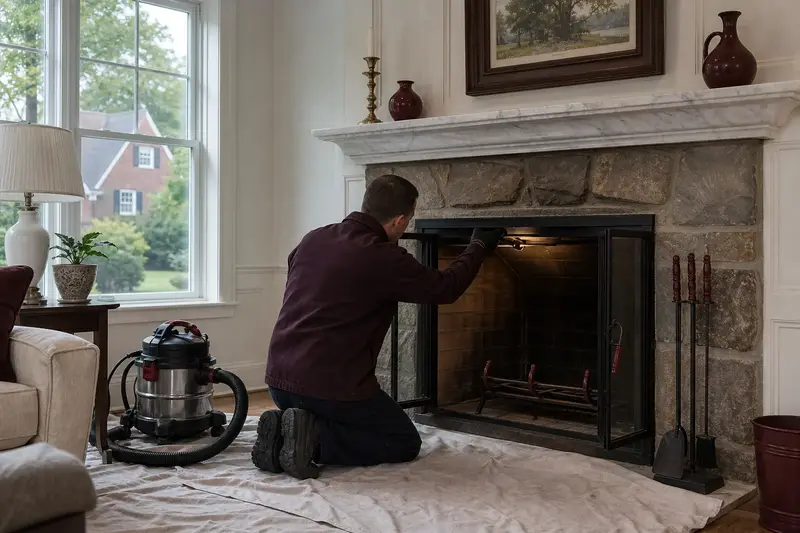 A technician checking the damper of a factory-built wood-burning fireplace with a stone facing with a flashlight before the heating season, the fireplace cold; illustrative image