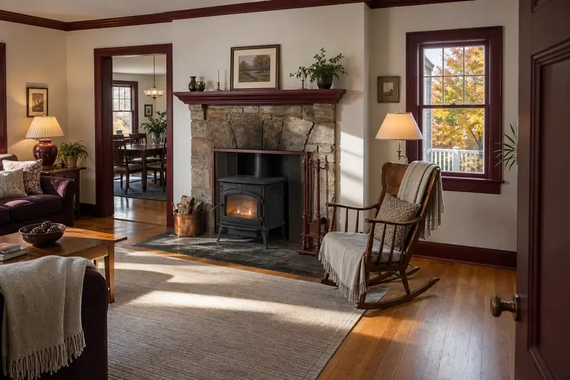 A bright hearth room with a cast-iron wood stove on a stone hearth pad and a clean stone surround; illustrative image