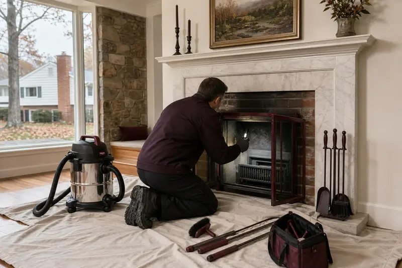 A technician checking the smoke chamber of a wood-burning insert in a brick opening by flashlight, the fireplace cold; illustrative image