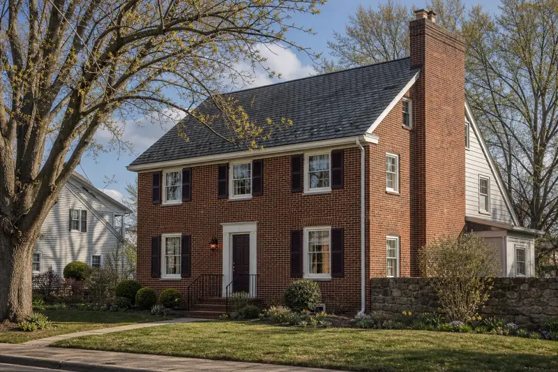 A 1960s brick-front colonial-style suburban house with a two-flue brick chimney on a steep gable roof of clean red brick; illustrative image