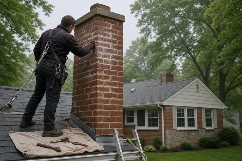 A harnessed technician examining the brick of a red brick chimney with a concrete crown on a slate roof in cold weather; illustrative image