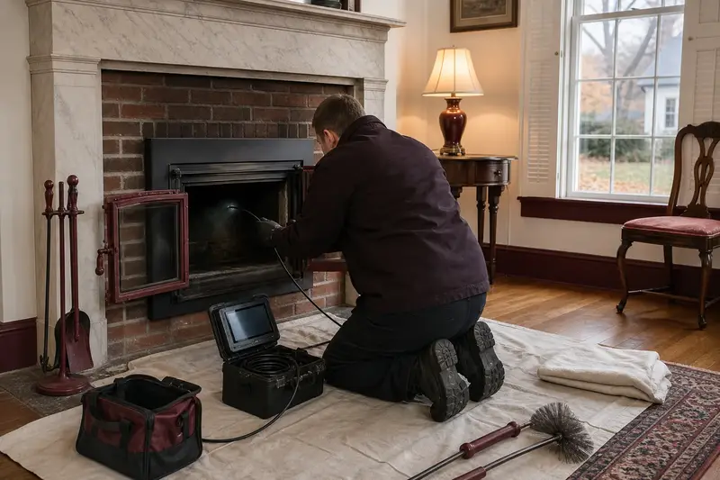 A technician guiding an inspection camera into the smoke chamber of a wood-burning insert in a brick opening, the fireplace cold and unlit; illustrative image