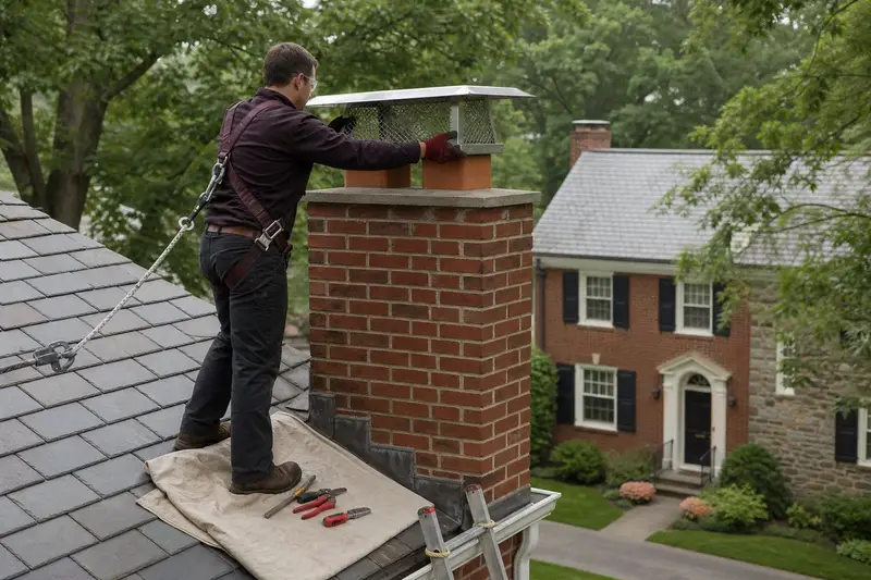 A harnessed technician setting a stainless steel mesh chimney cap onto a two-flue brick chimney on a steep gable roof; illustrative image