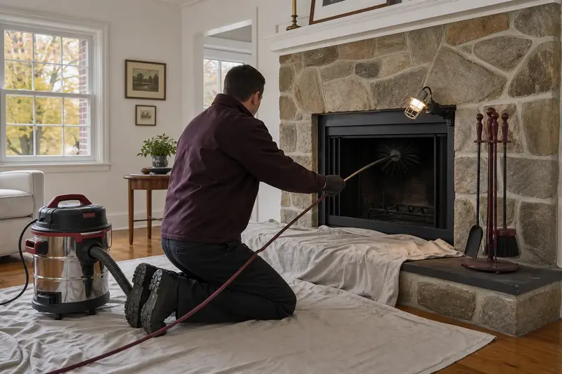 A technician feeding a rotary chimney brush up the flue of a factory-built wood-burning fireplace with a stone facing, drop cloths and a sealed vacuum on the hearth; illustrative image