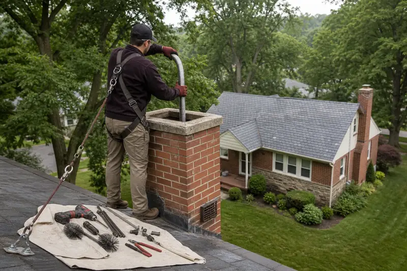 A harnessed technician guiding a flexible stainless steel liner down into the flue at the top of a red brick chimney with a concrete crown on a slate roof; illustrative image