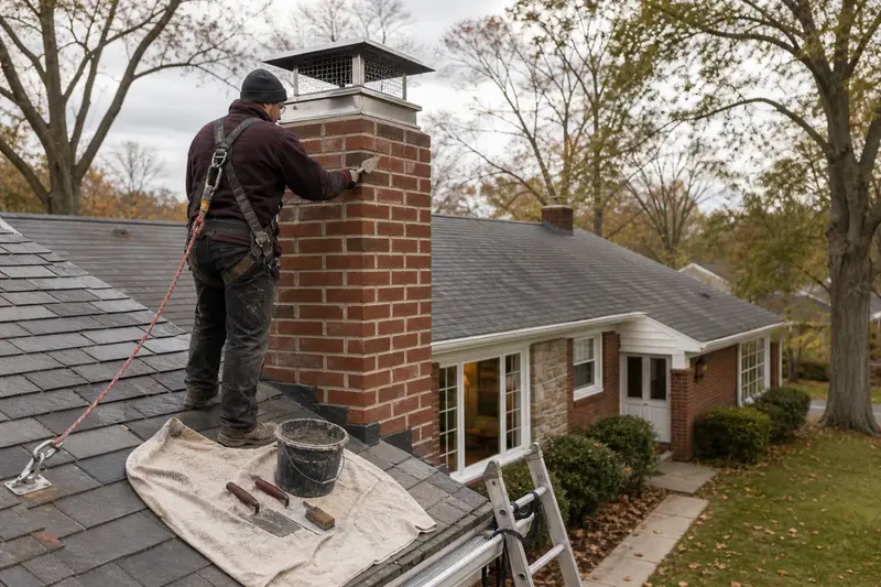 A harnessed mason repointing mortar joints on a brick chimney with a stainless steel cap with a pointing trowel; illustrative image