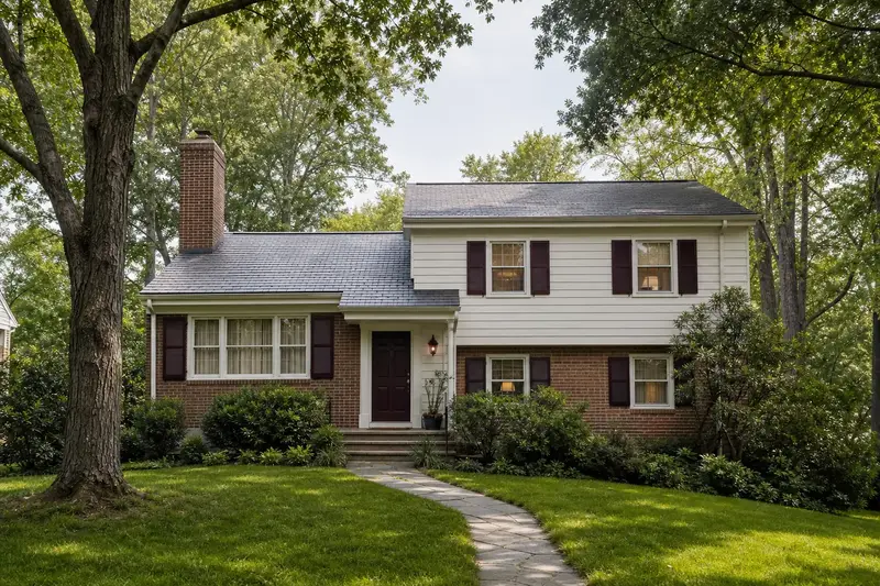 A 1960s split-level house with brick and siding seen from the street with a red brick chimney with a concrete crown on a slate roof; illustrative image
