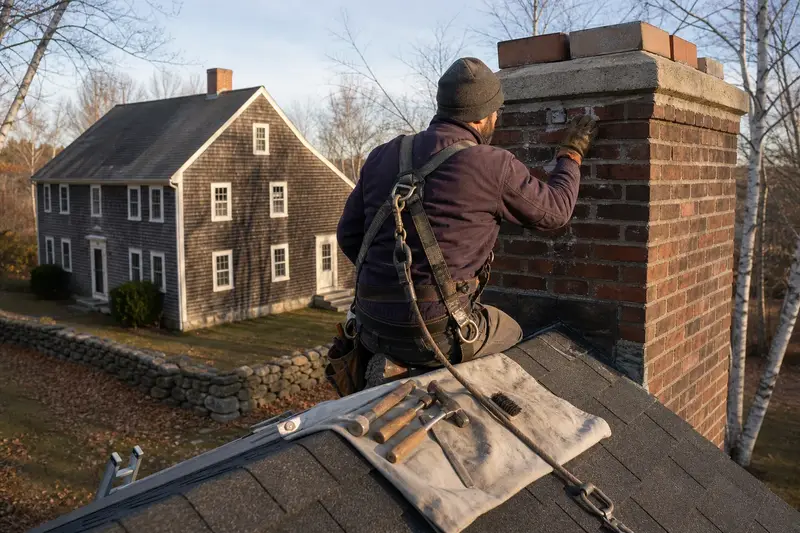 A harnessed mason checking the brick faces of a tall brick chimney on a steep gable roof near the crown; illustrative image