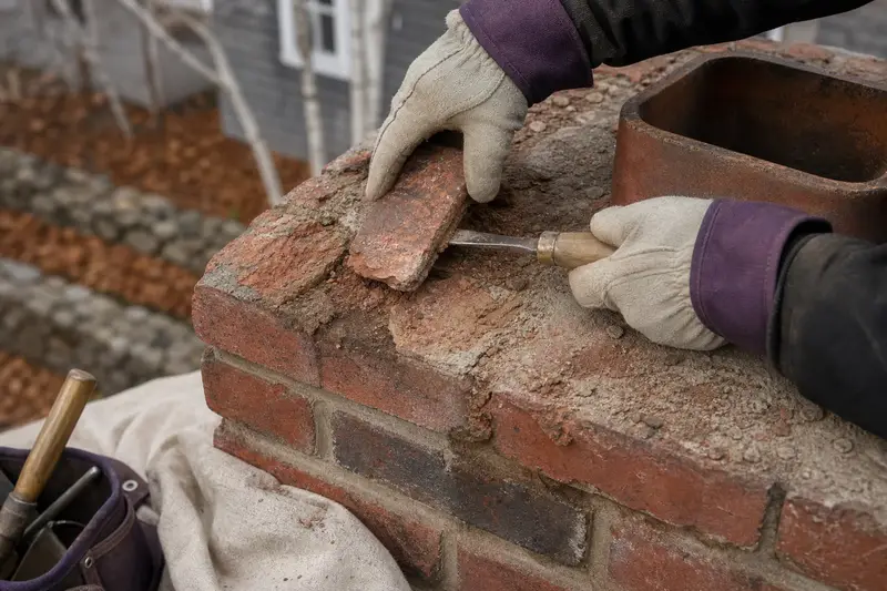 Gloved hands lifting a loose spalled brick face with a small chisel; illustrative image