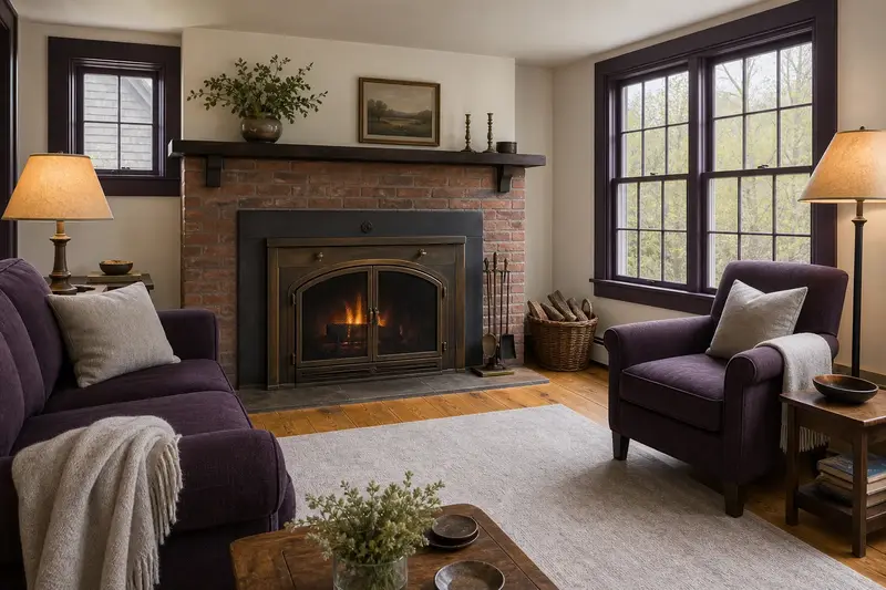 A living room with a wood-burning insert in a brick opening and a small fire behind a screen, no one present; illustrative image