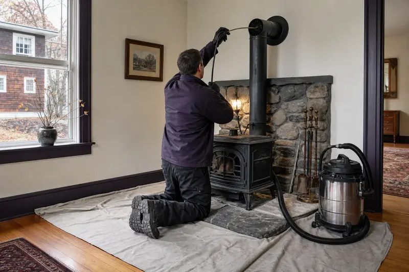 A technician feeding a rotary chimney brush up the flue of a cast-iron wood stove on a stone hearth pad, drop cloths and a sealed vacuum on the hearth; illustrative image