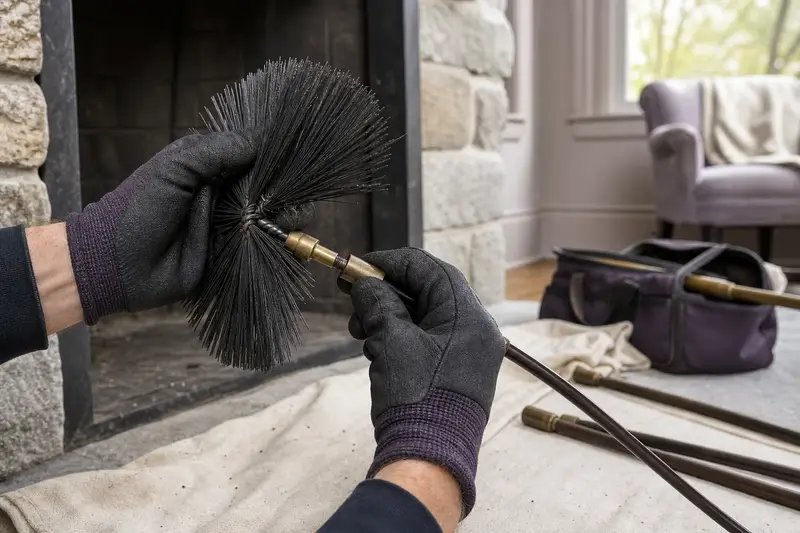 Gloved hands fitting a round wire brush onto a flexible rod at the hearth of a factory-built wood-burning fireplace with a stone facing; illustrative image