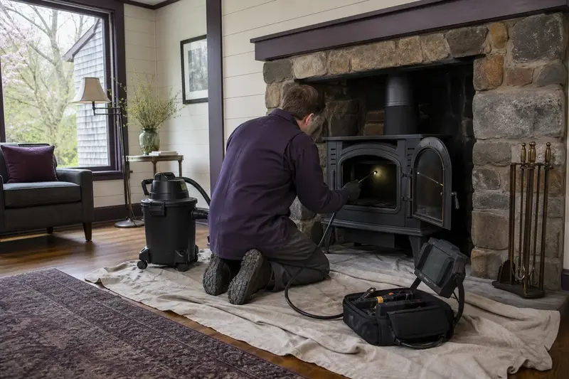 A technician guiding an inspection camera into the firebox of a freestanding gas stove, the fireplace cold and unlit; illustrative image