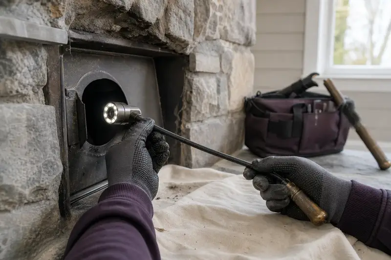 An inspection camera head on a flexible cable at the damper opening of a factory-built wood-burning fireplace with a stone facing; illustrative image