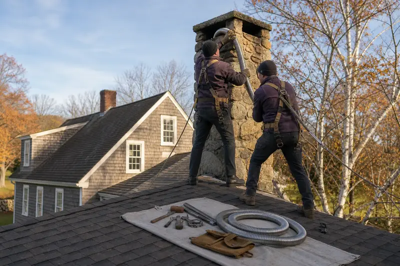 Two harnessed technicians feeding a stainless steel liner into a stone masonry chimney from a dry roof; illustrative image