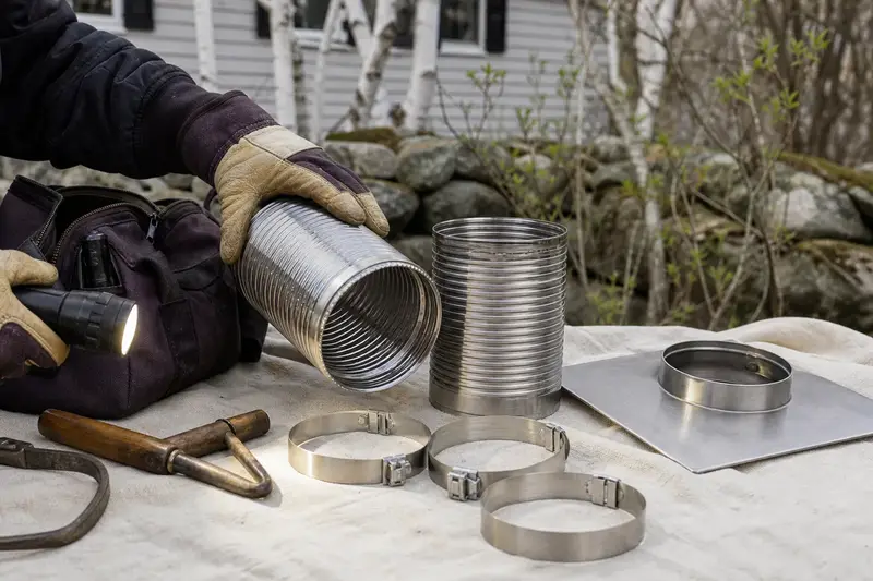Sections of stainless steel flue liner, clamps and a top plate arranged on a canvas tarp; illustrative image