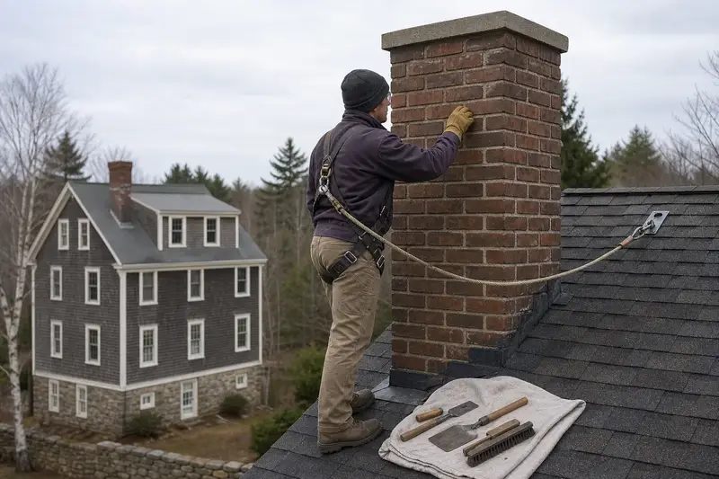 A harnessed mason examining the brickwork of a tall brick chimney on a steep gable roof with a gloved hand; illustrative image