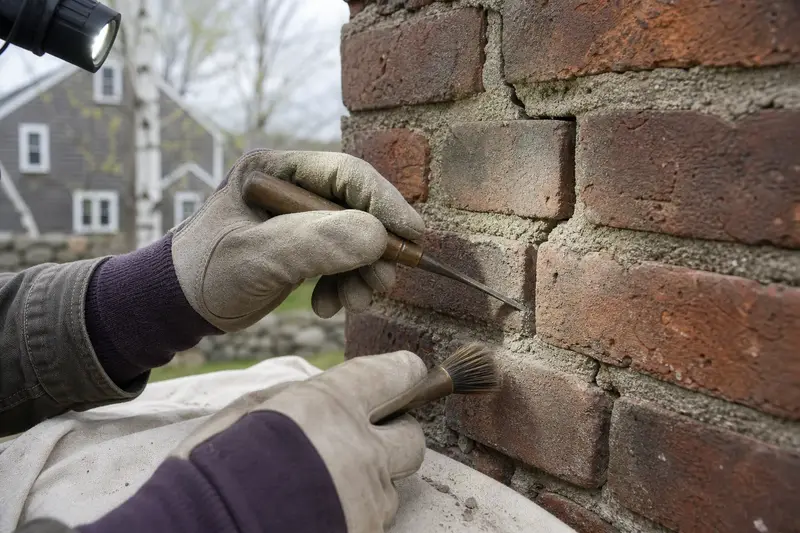 A stepped crack through mortar joints on a brick chimney, seen up close; illustrative image