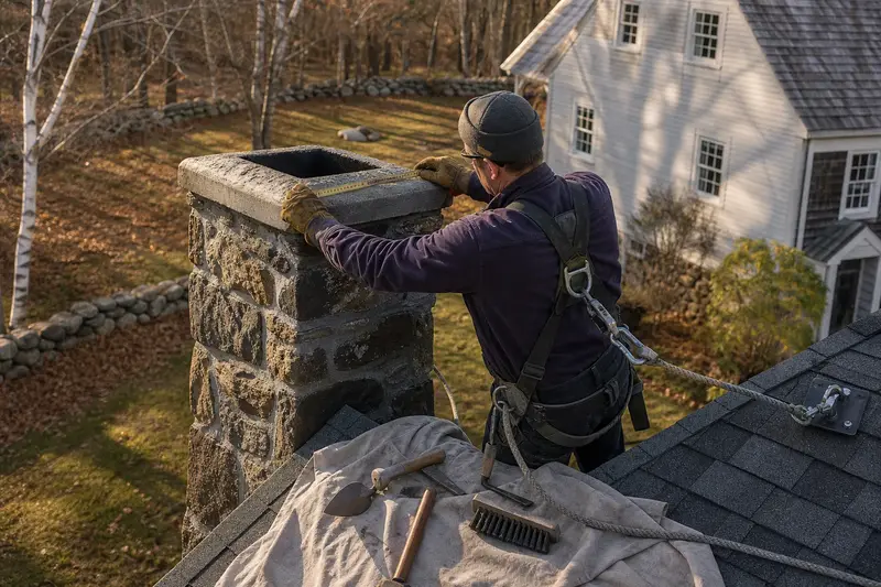 A harnessed mason measuring the crown of a stone masonry chimney with a folding rule; illustrative image