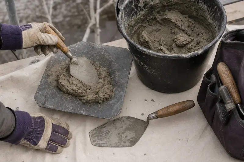 A mortar hawk, trowels and a bucket of mixed mortar set on a roof work platform; illustrative image